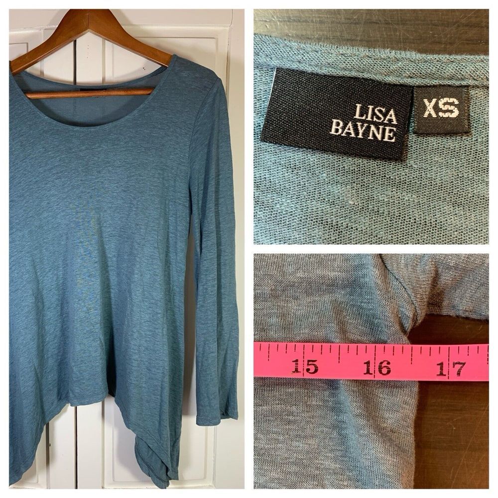 Lisa Bayne Scandi Logom Linen Blend Top Womens XS Lagenlook Layering Teal‎ Shark